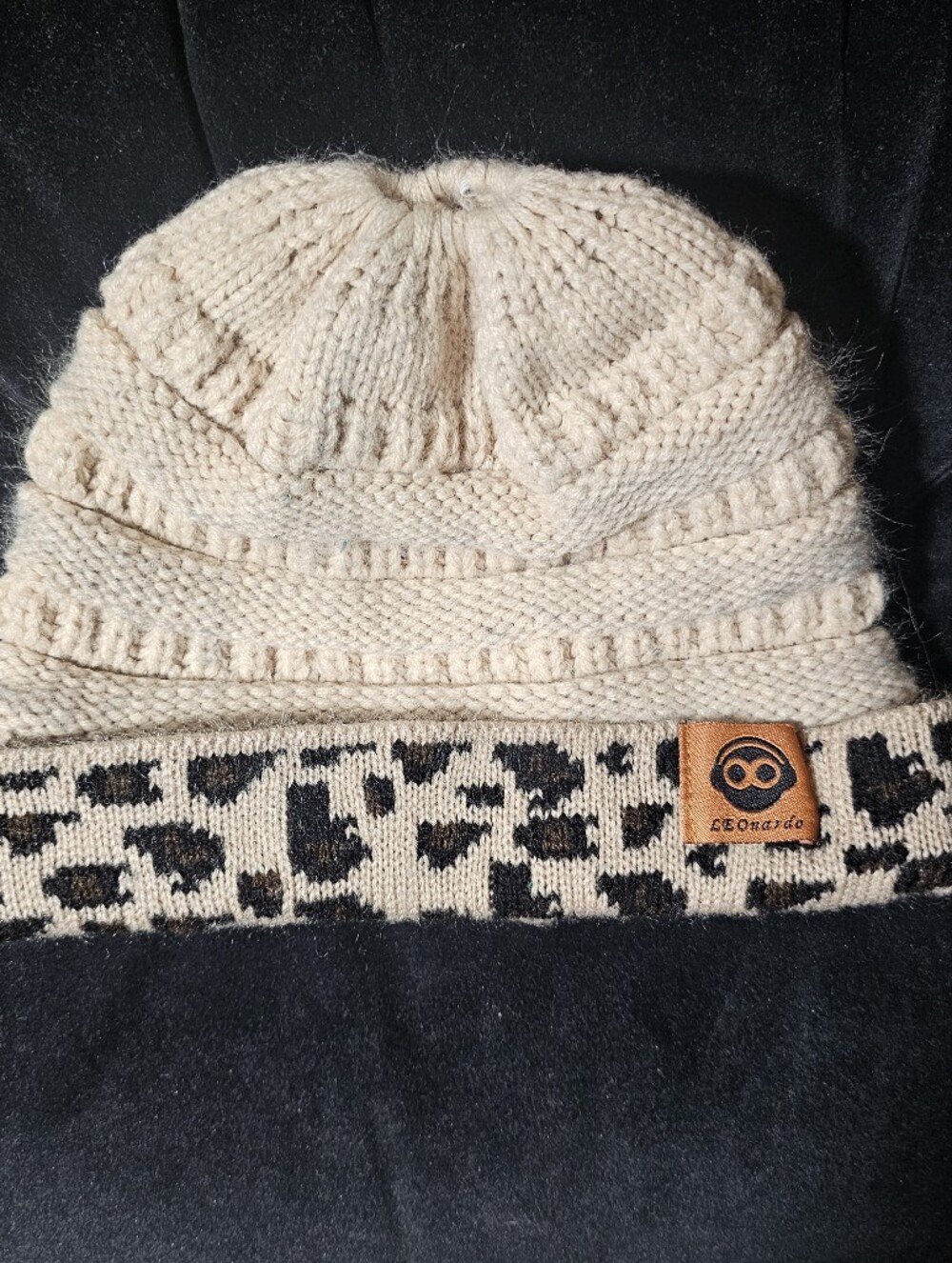 Leonardo Knit Beanie Hat With Ponytail Cutout Off White Leopard Print